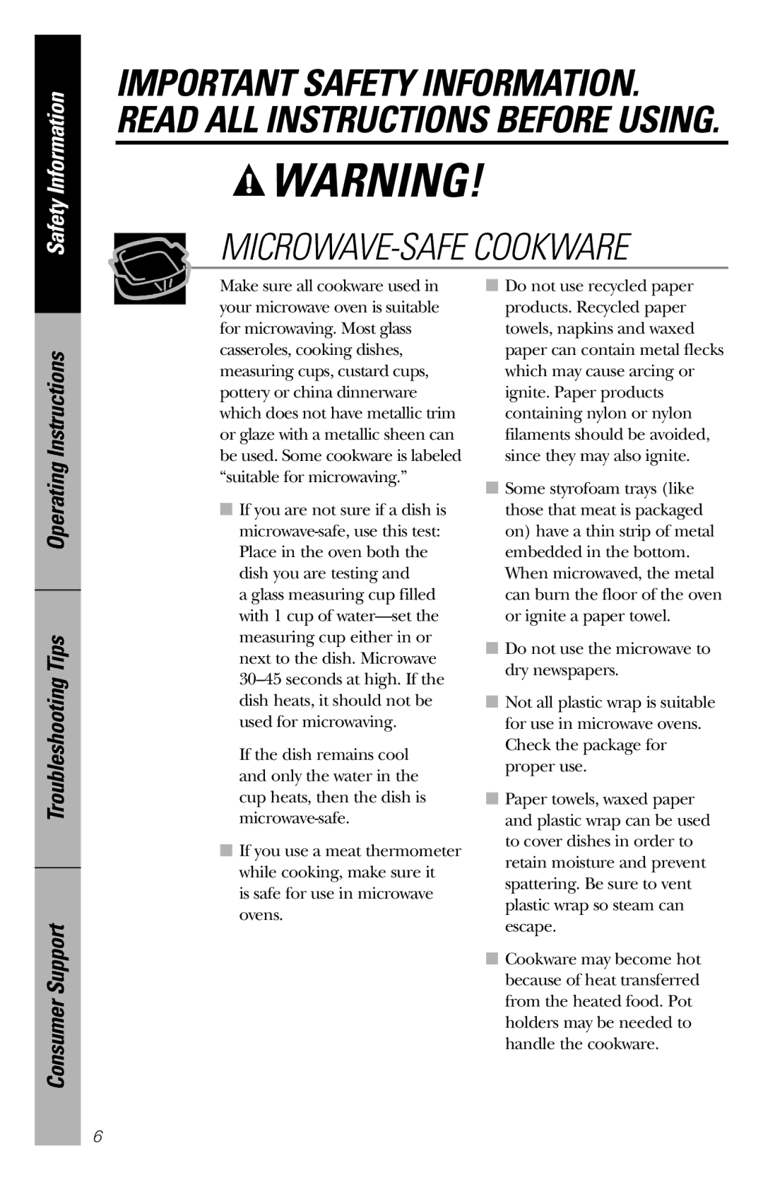 GE JES1246 owner manual MICROWAVE-SAFE Cookware 