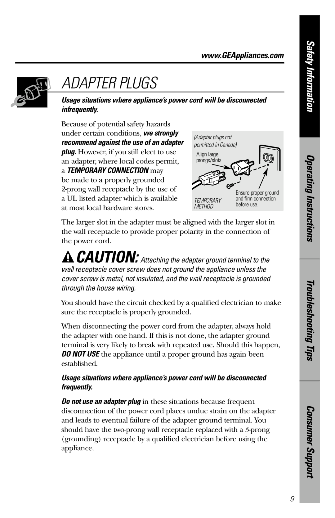 GE JES1246 owner manual Adapter Plugs, Infrequently 