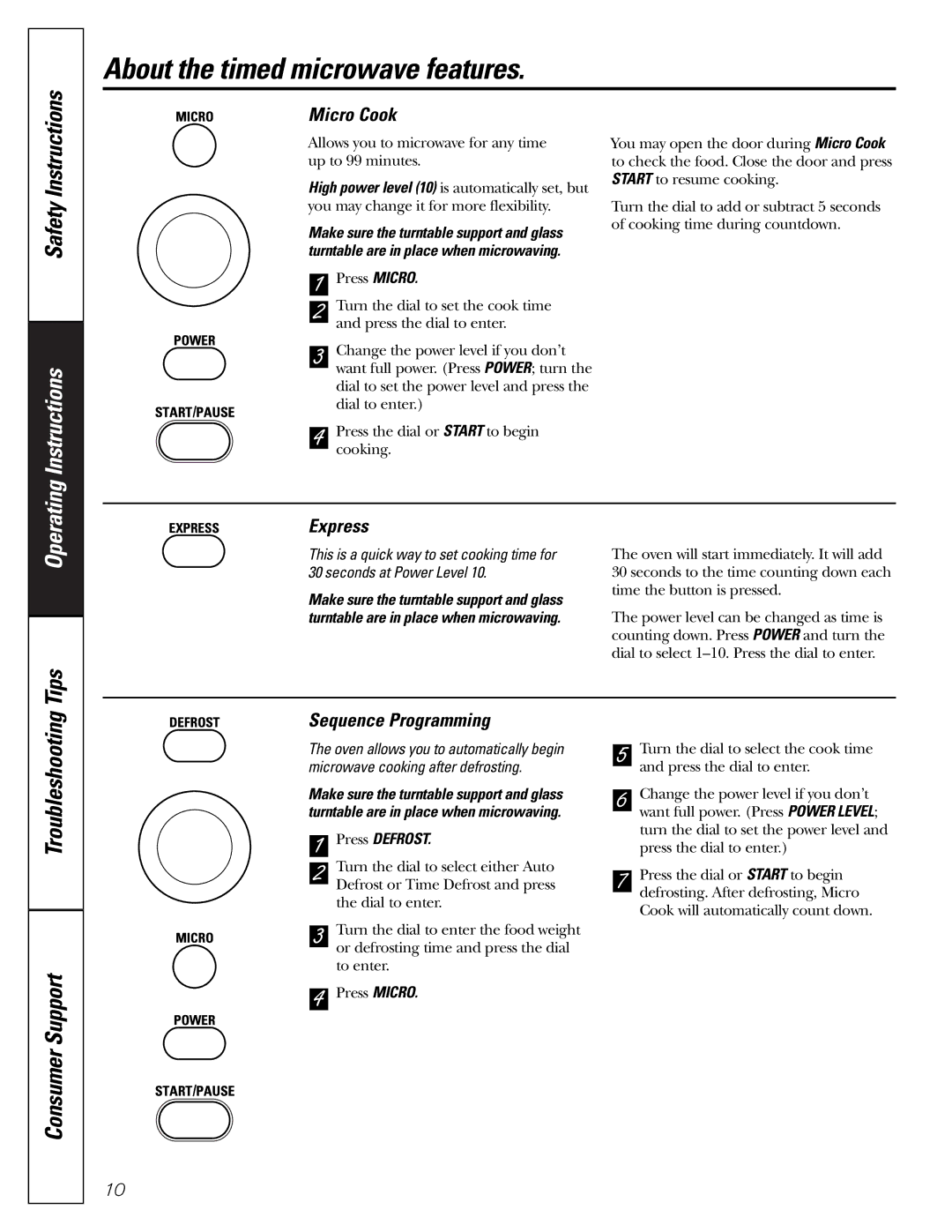 GE JES1288 owner manual About the timed microwave features, Micro Cook, Express, Sequence Programming, Press Defrost 