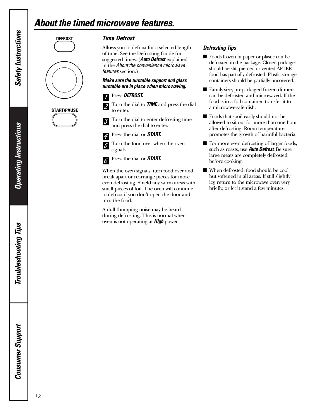 GE JES1288 owner manual Time Defrost, Defrosting Tips 