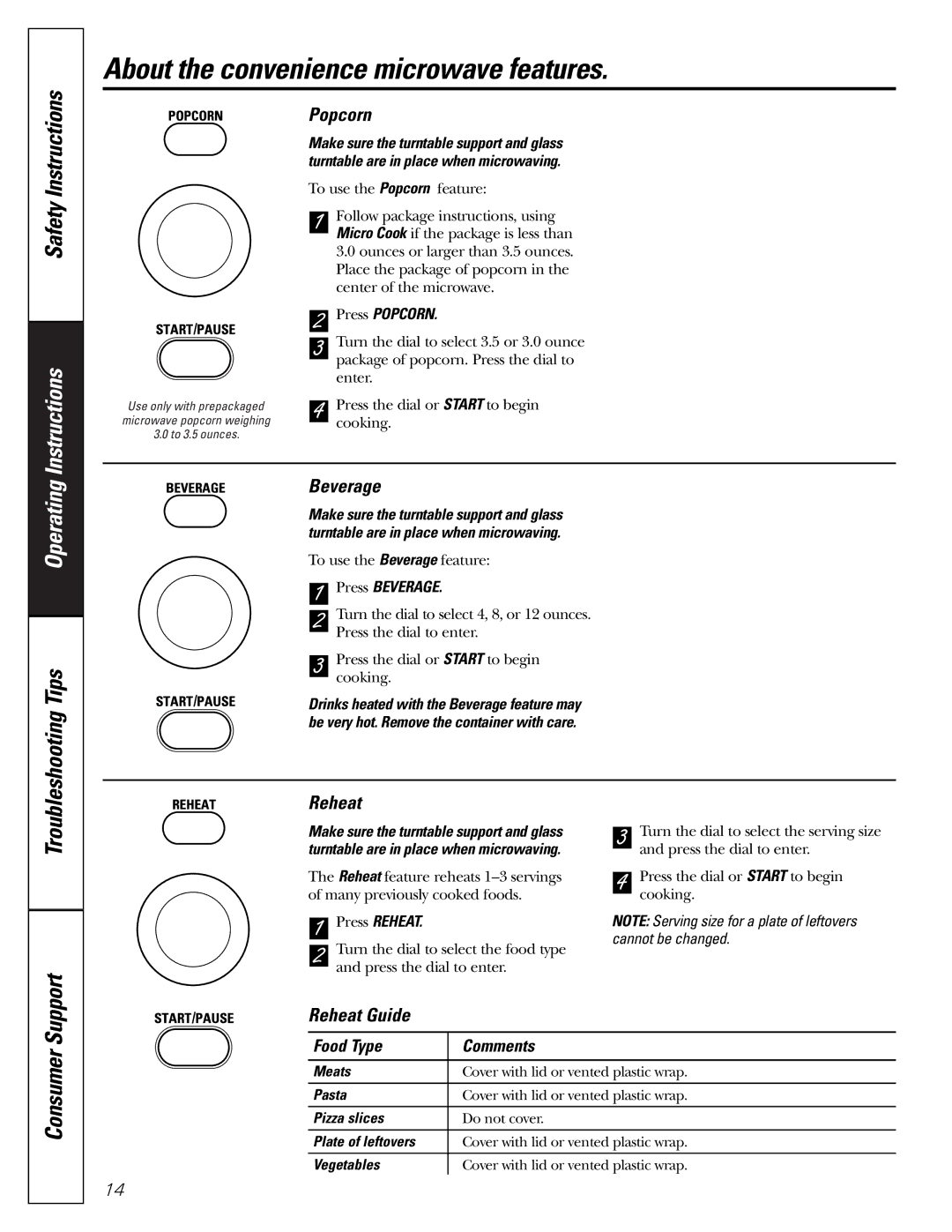 GE JES1288 owner manual About the convenience microwave features, Popcorn, Beverage, Reheat Guide 