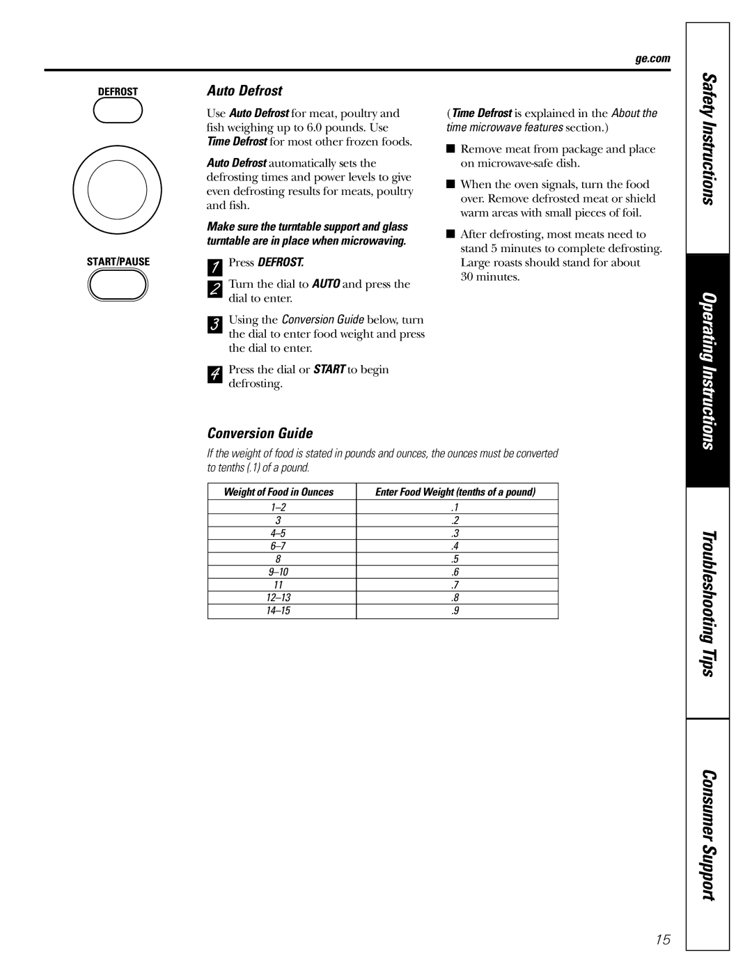 GE JES1288 owner manual Auto Defrost, Conversion Guide, Safety 