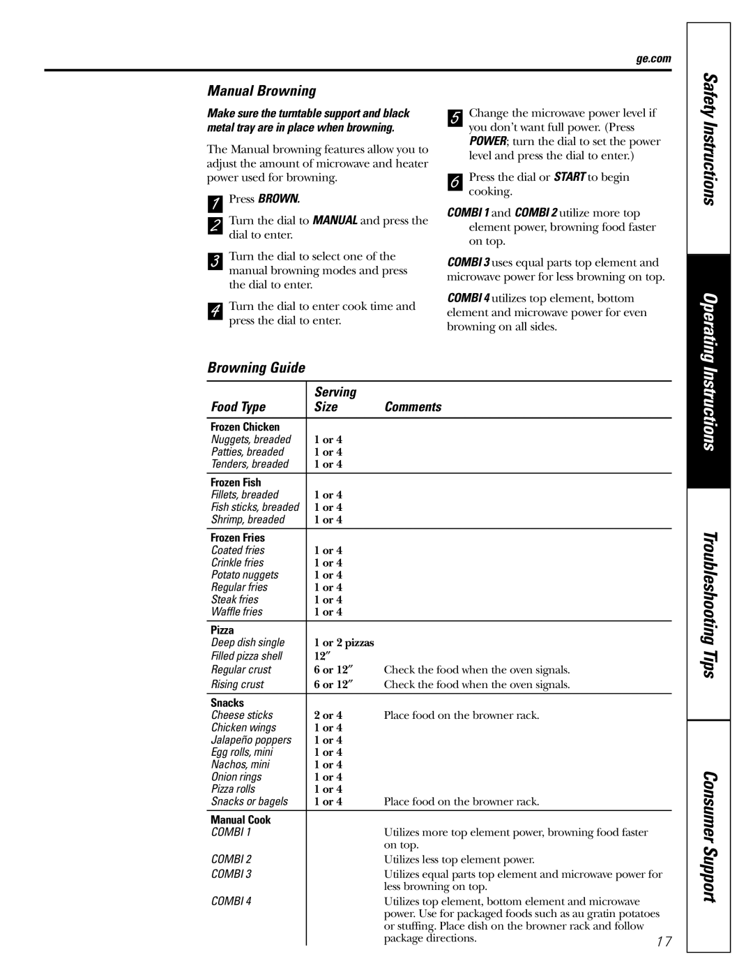 GE JES1288 owner manual Manual Browning, Browning Guide, Serving Food Type Size Comments 