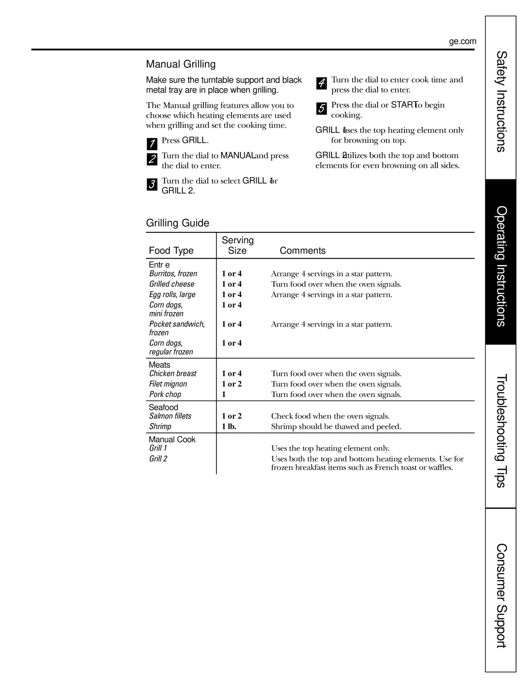 GE JES1288 owner manual Manual Grilling, Grilling Guide, Entrée, Seafood 