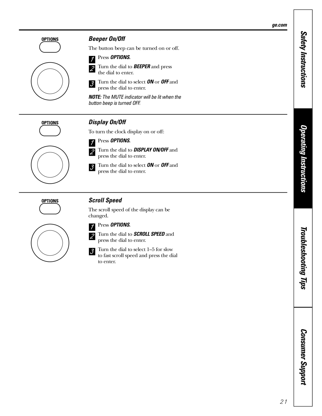 GE JES1288 owner manual Beeper On/Off, Display On/Off, Scroll Speed 
