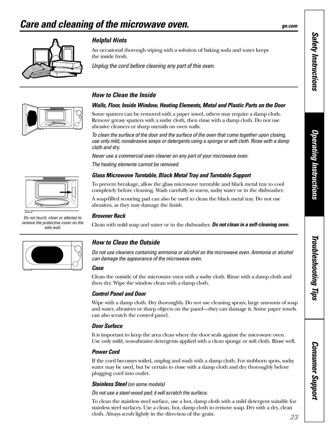 GE JES1288 Care and cleaning of the microwave oven, Helpful Hints, How to Clean the Inside, How to Clean the Outside 