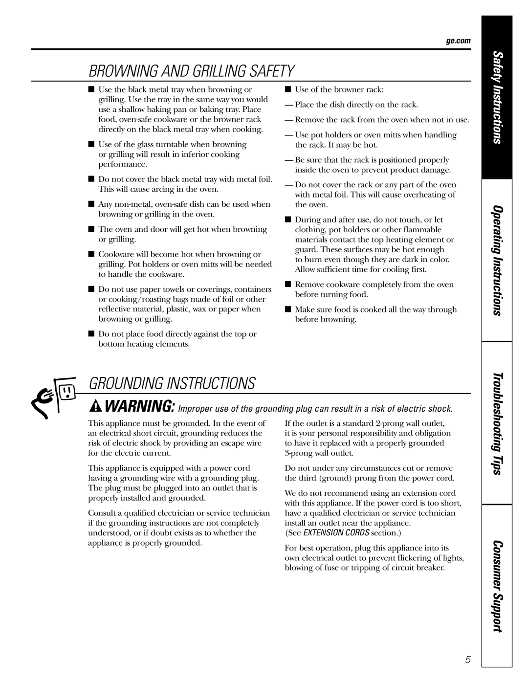GE JES1288 owner manual Browning and Grilling Safety, See Extension Cords section 