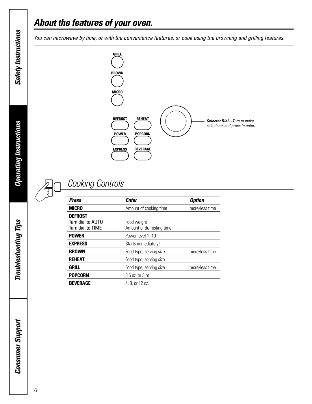 GE JES1288 owner manual Cooking Controls, Press Enter Option 