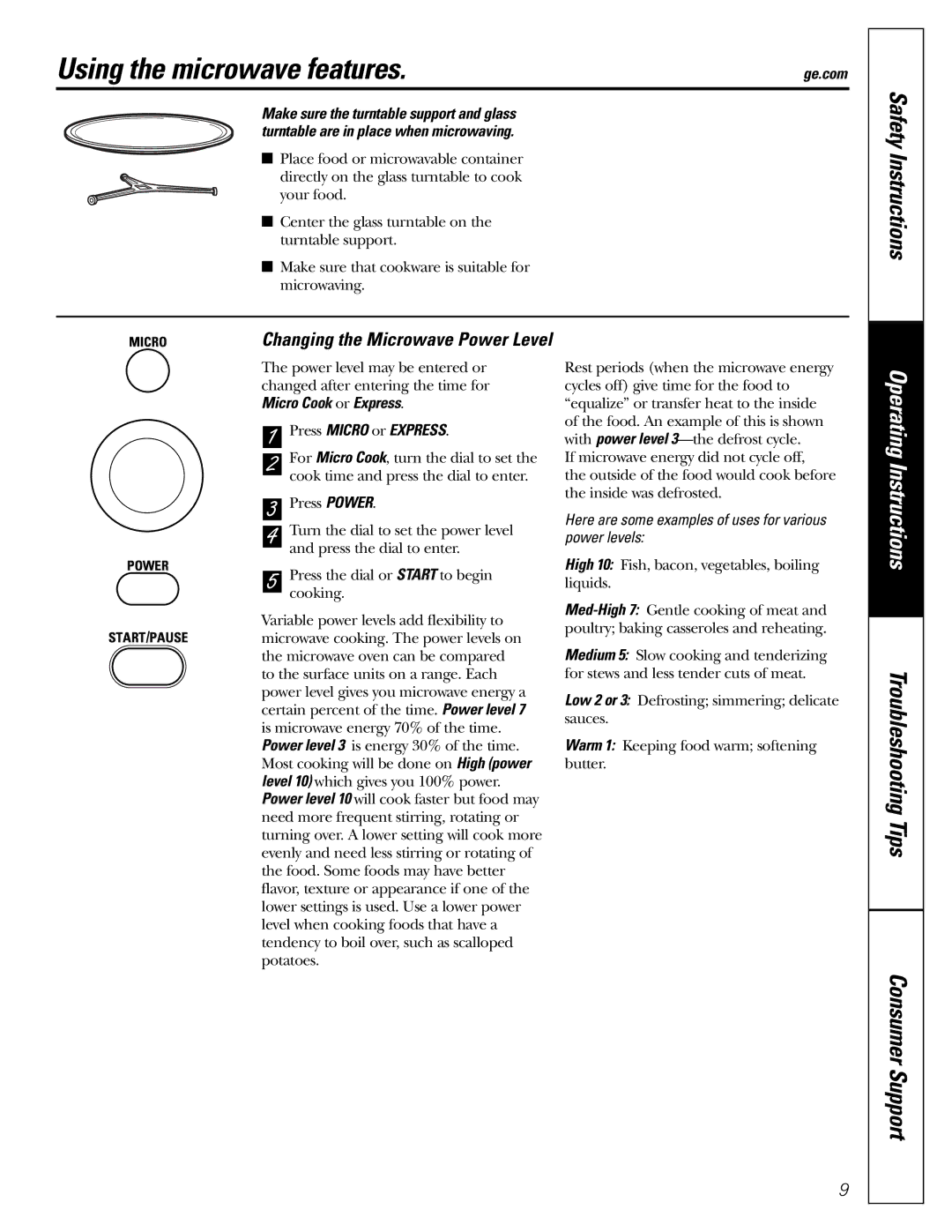 GE JES1288 Using the microwave features, Press Micro or Express, Here are some examples of uses for various power levels 