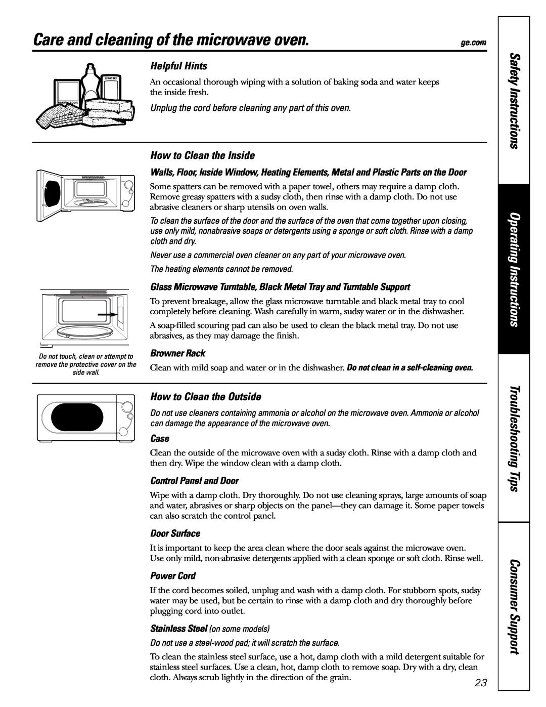 GE JES1288 Care and cleaning of the microwave oven, Operating Instructions, Troubleshooting Tips Consumer Support, Case 