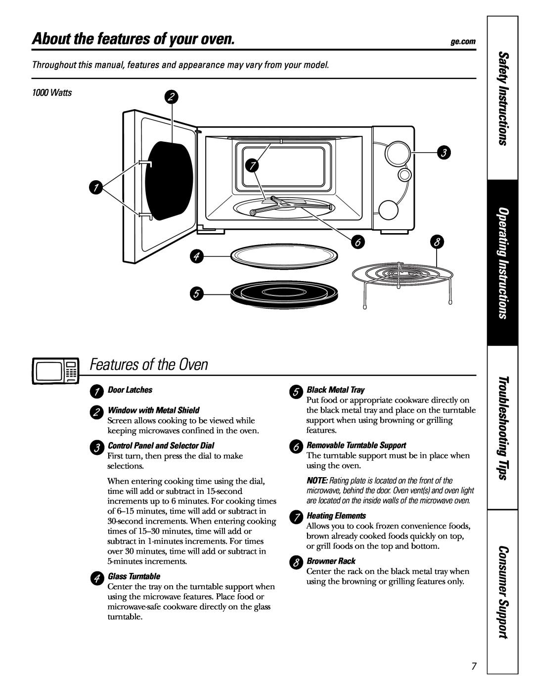 GE JES1288 About the features of your oven, Features of the Oven, Safety Instructions, Operating Instructions, Watts 