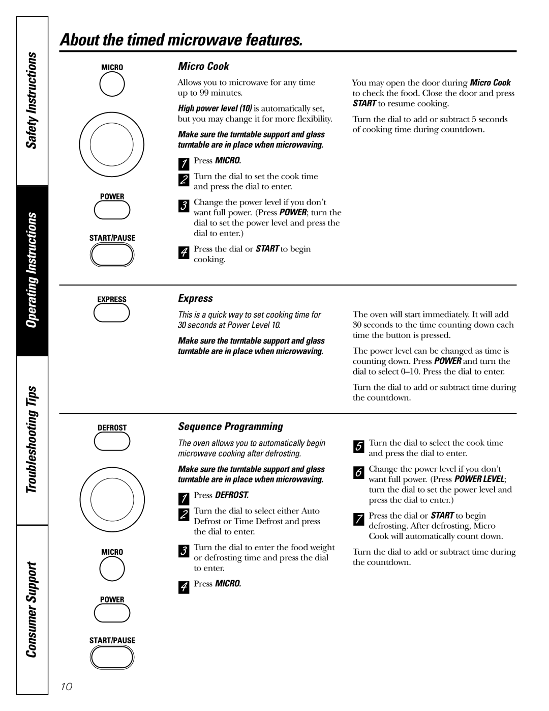 GE JES1289 About the timed microwave features, Micro Cook, Make sure the turntable support and glass, Press Defrost 