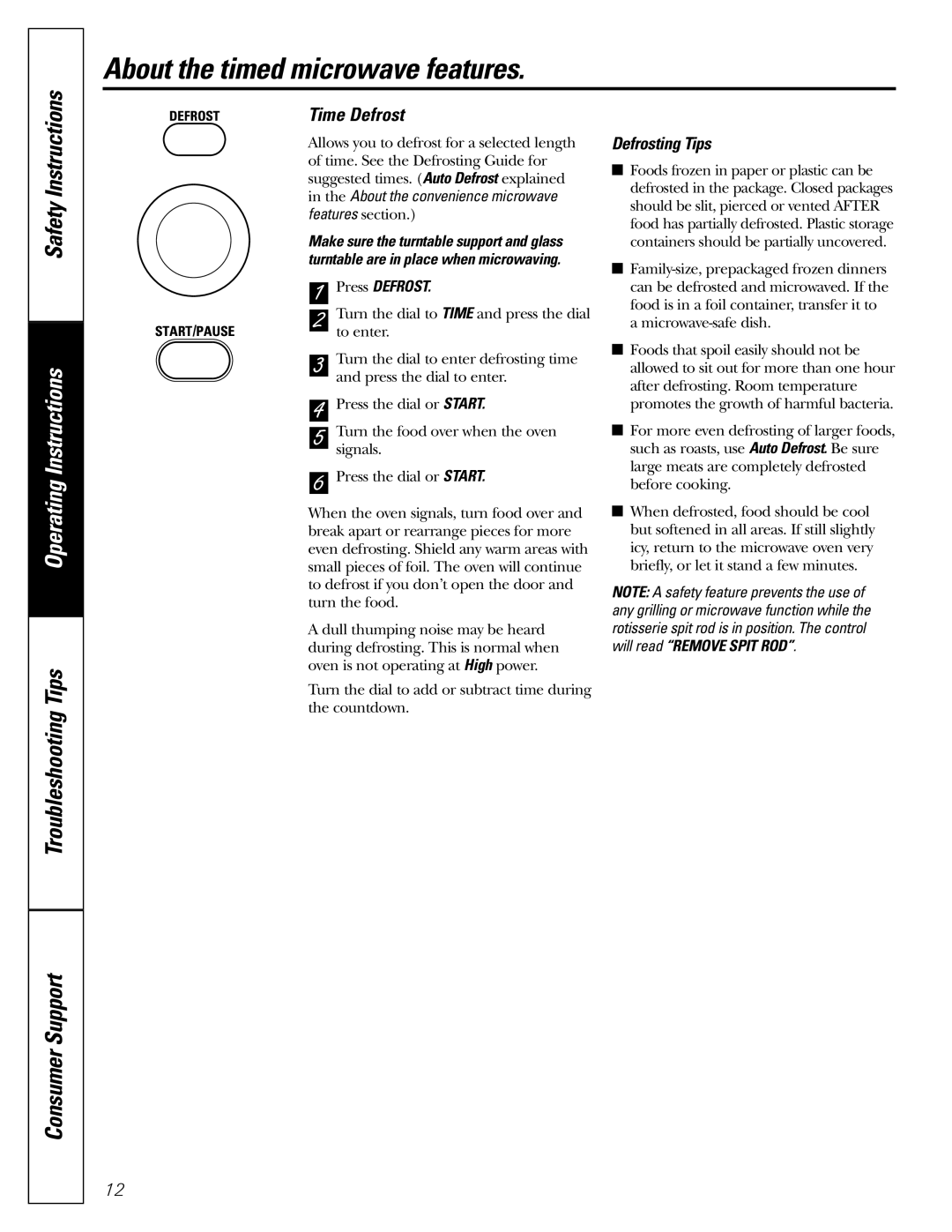 GE JES1289 owner manual Time Defrost, Defrosting Tips 