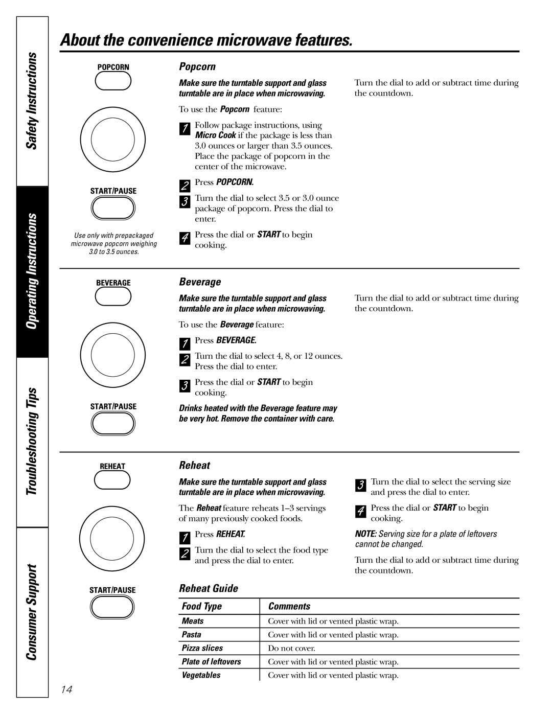 GE JES1289 owner manual About the convenience microwave features, Popcorn, Beverage, Reheat Guide 