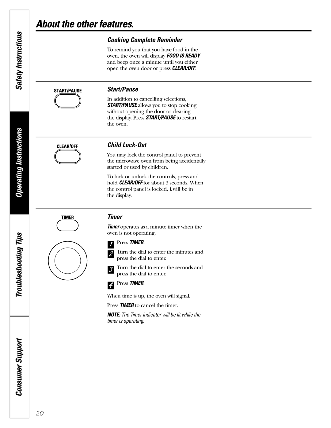 GE JES1289 owner manual About the other features, Cooking Complete Reminder, Start/Pause, Child Lock-Out, Timer 