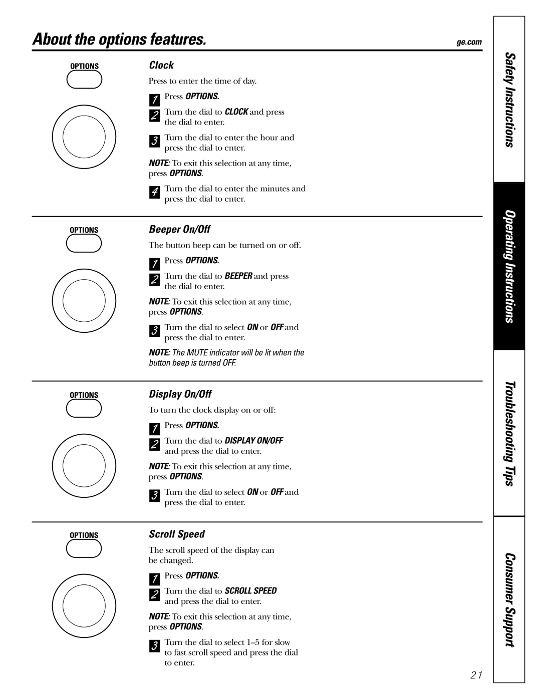 GE JES1289 owner manual About the options features, Clock, Beeper On/Off, Display On/Off, Scroll Speed 