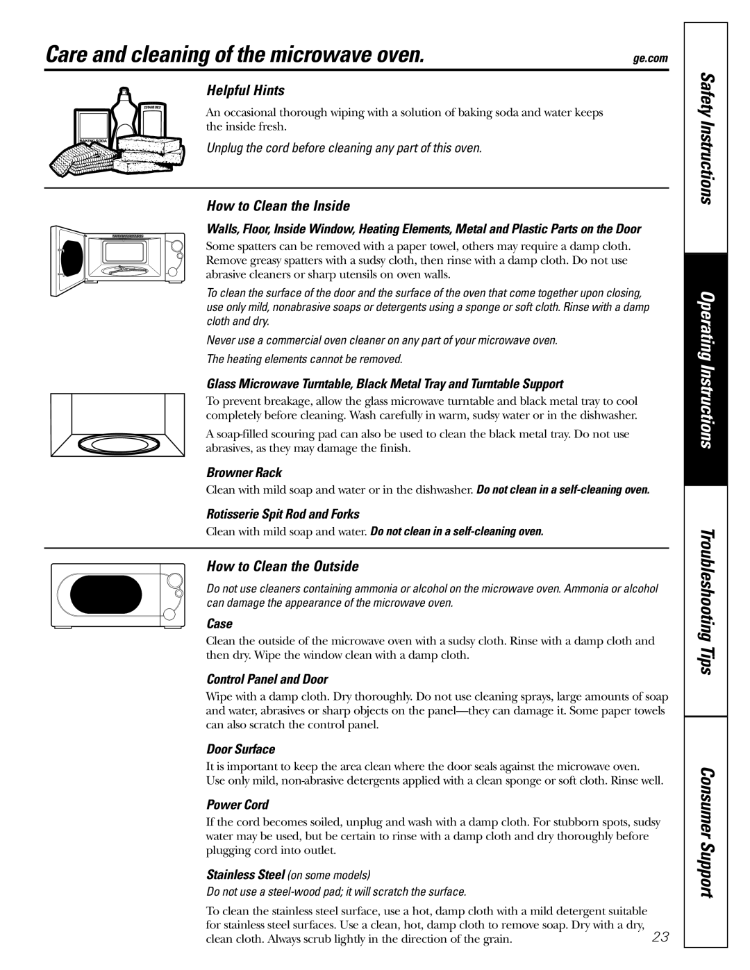 GE JES1289 Care and cleaning of the microwave oven, Helpful Hints, How to Clean the Inside, How to Clean the Outside 