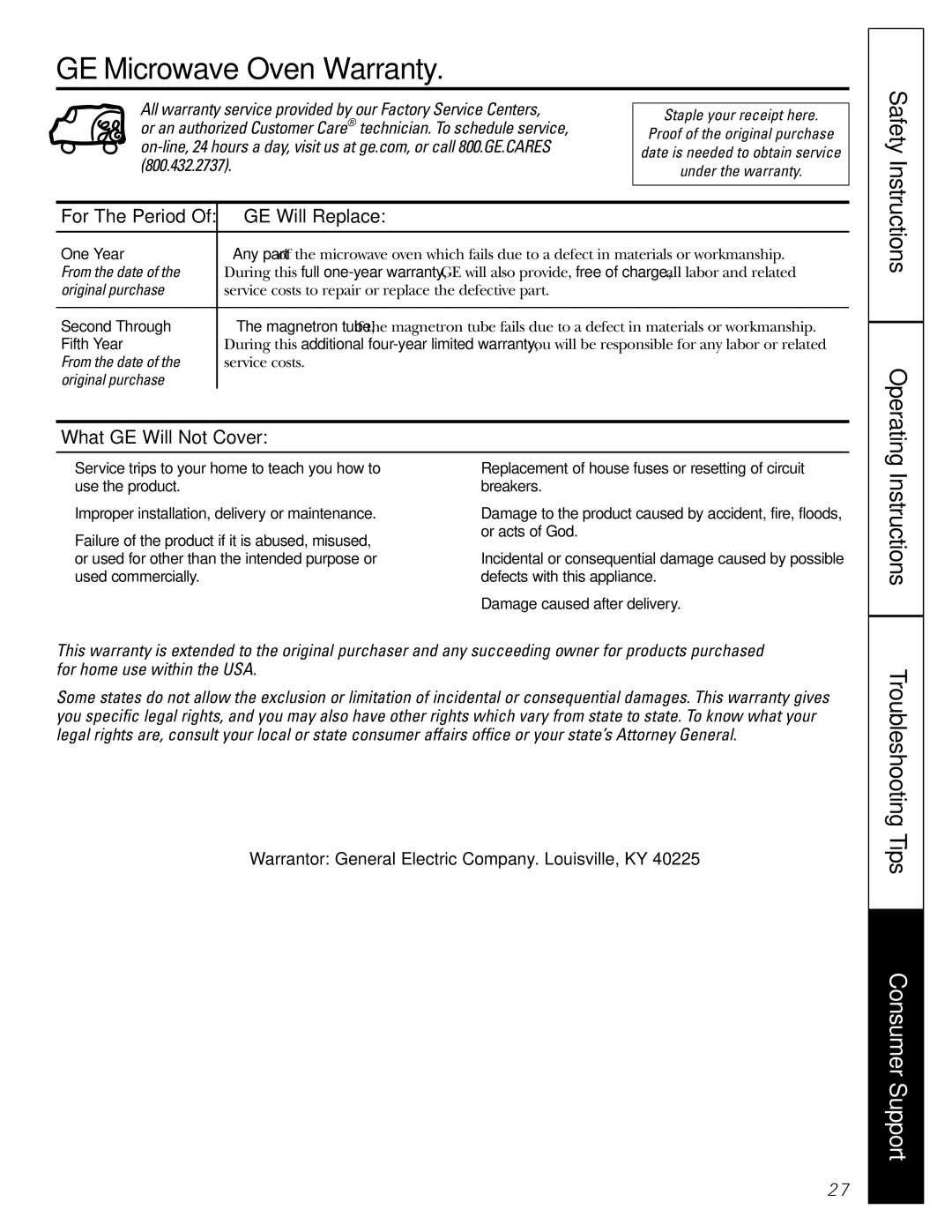 GE JES1289 owner manual GE Microwave Oven Warranty, GE Will Replace, What GE Will Not Cover 