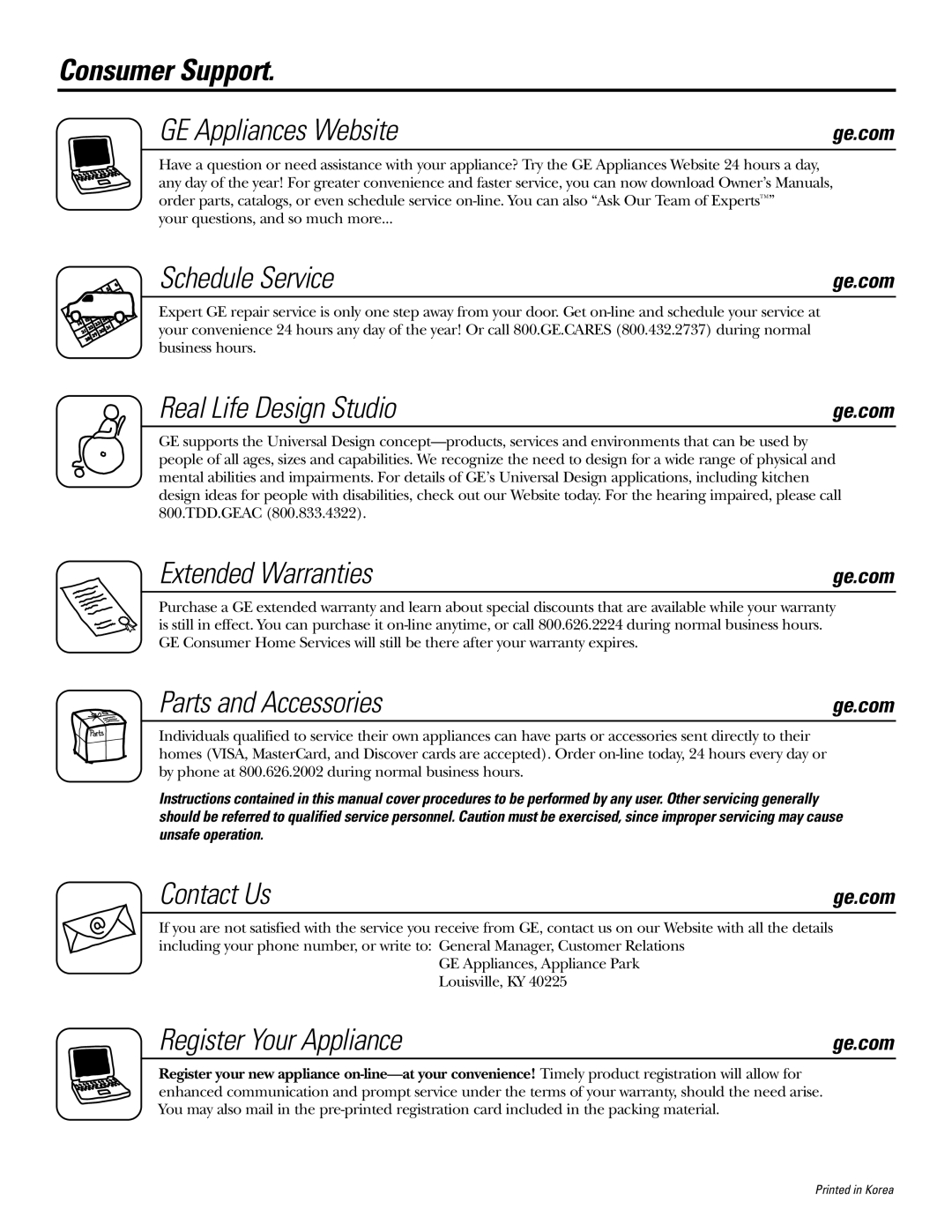 GE JES1289 Consumer Support GE Appliances Website, Schedule Service, Real Life Design Studio, Extended Warranties 