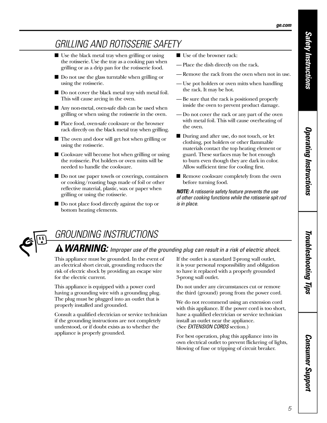 GE JES1289 owner manual Grilling and Rotisserie Safety, See Extension Cords section 