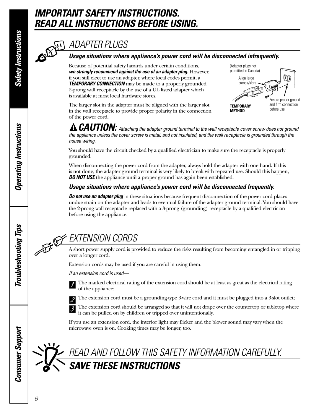 GE JES1289 owner manual Adapter Plugs, If an extension cord is used 