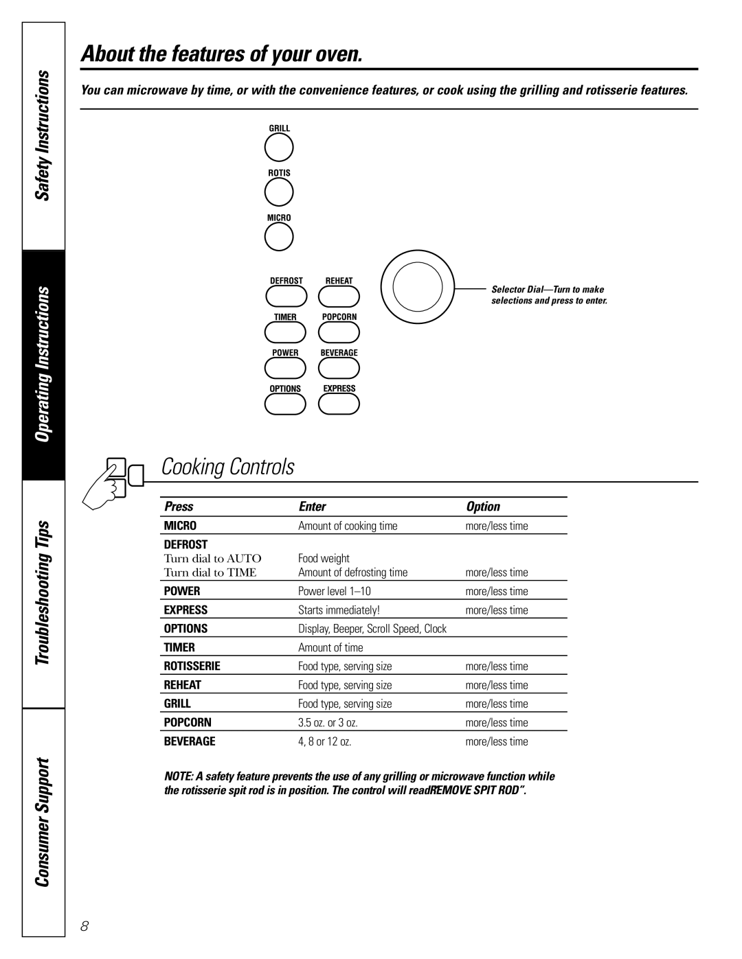 GE JES1289 owner manual Cooking Controls, Press Enter Option 