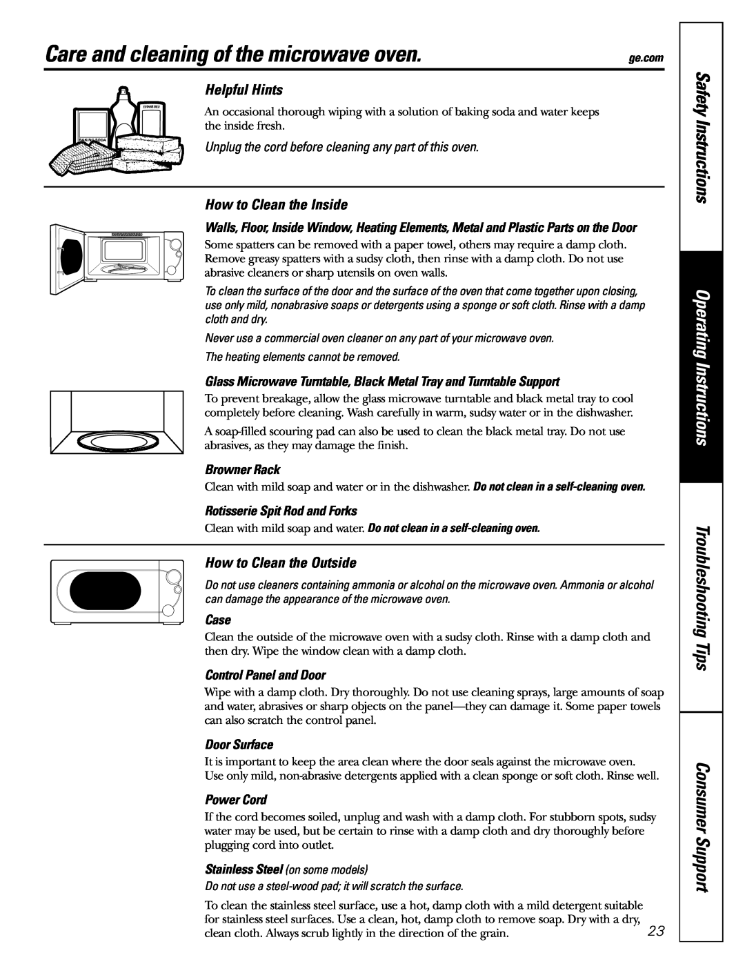 GE JES1289 Care and cleaning of the microwave oven, Safety Instructions, Operating Instructions, Browner Rack, Case 