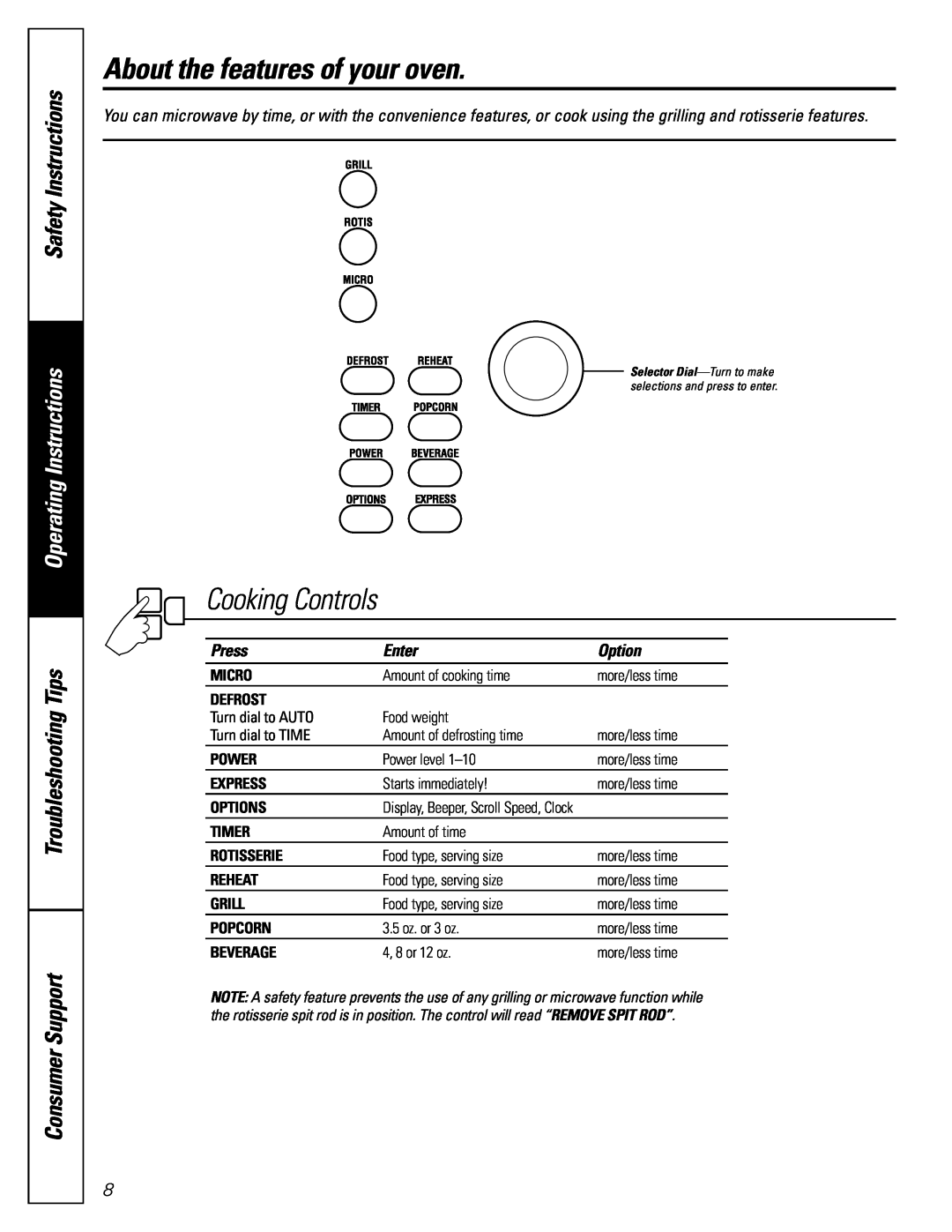 GE JES1289 Cooking Controls, About the features of your oven, Safety Instructions, Operating Instructions, Press, Enter 