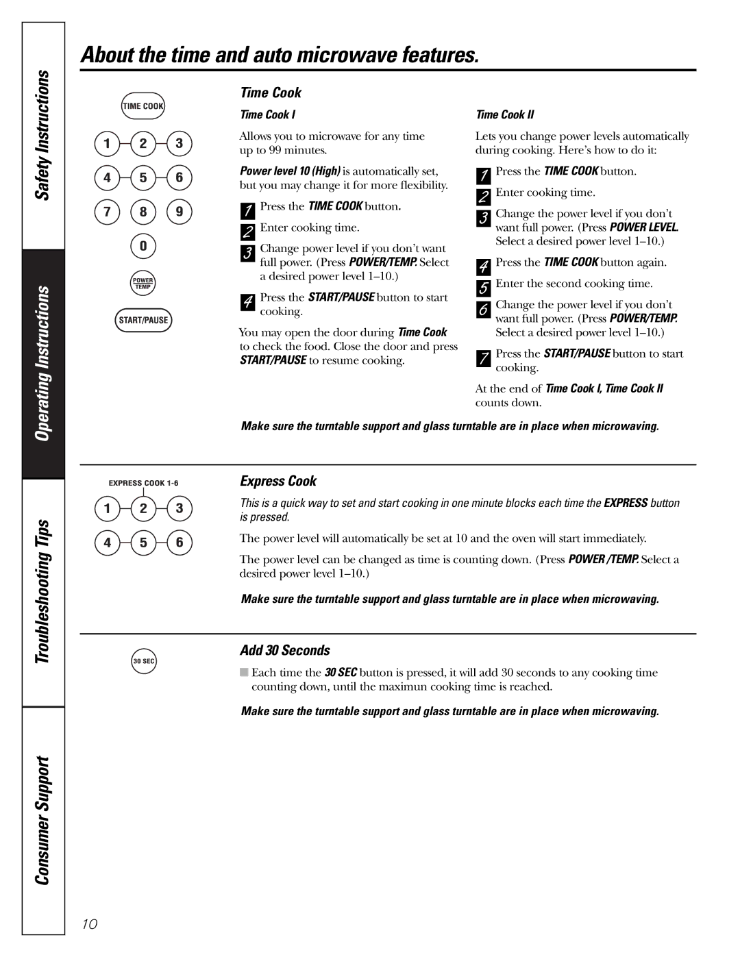 GE jes1290 owner manual About the time and auto microwave features, Time Cook, Express Cook, Add 30 Seconds 