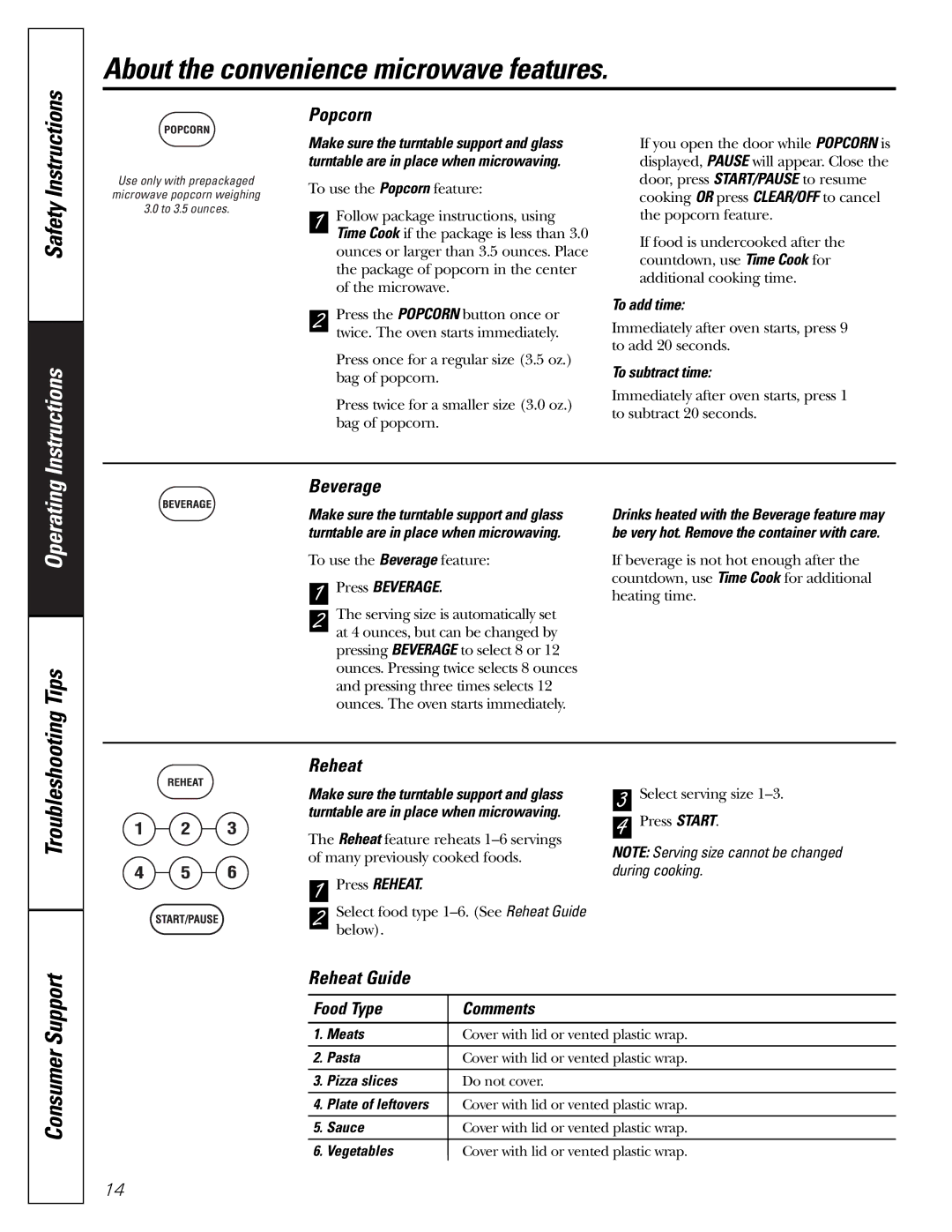 GE jes1290 owner manual About the convenience microwave features, Popcorn, Beverage, Reheat Guide 