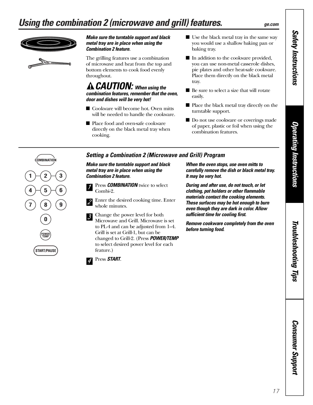 GE jes1290 owner manual Setting a Combination 2 Microwave and Grill Program 