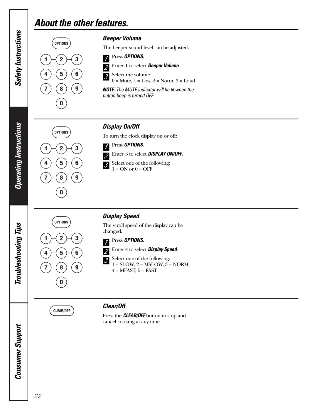 GE jes1290 owner manual Beeper Volume, Display On/Off, Display Speed, Clear/Off 