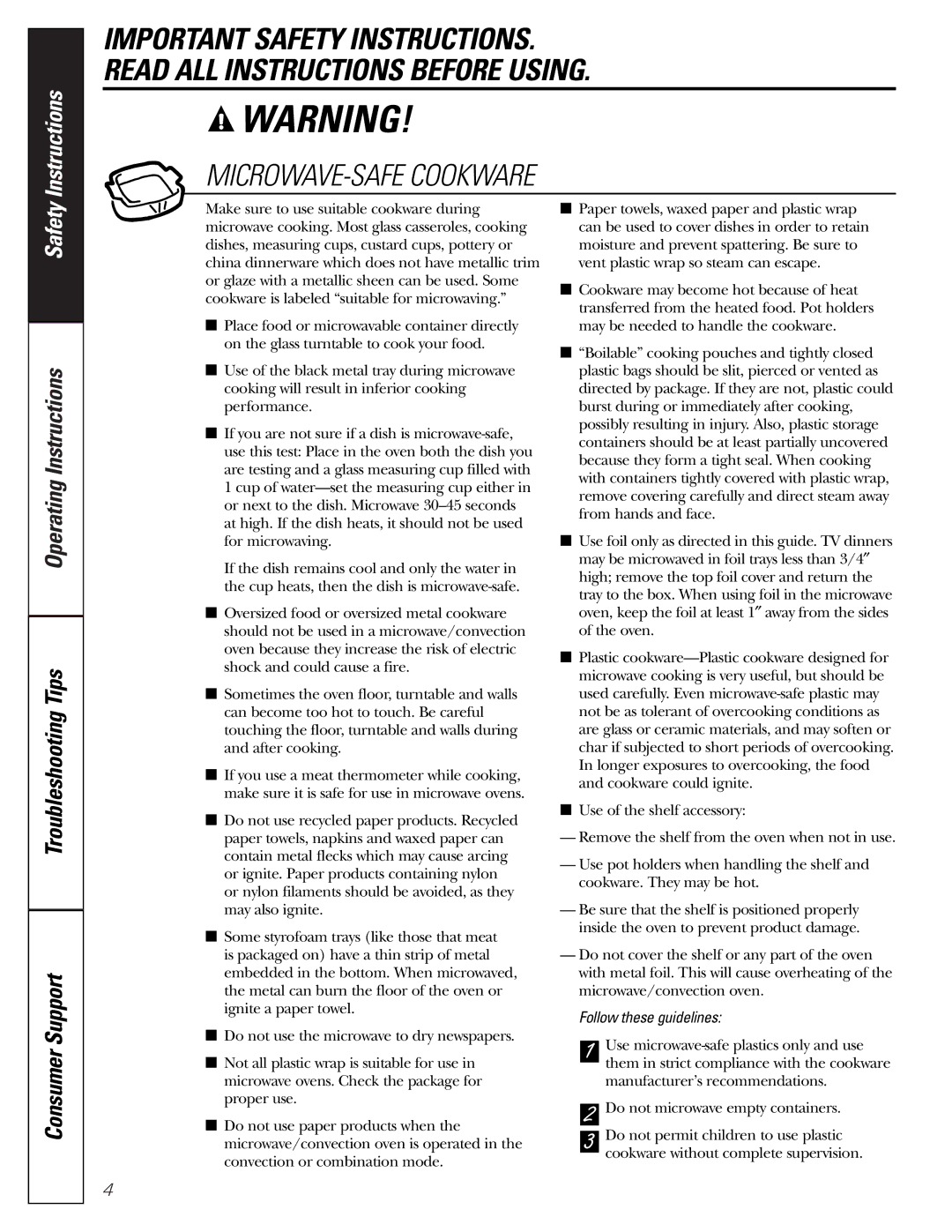 GE jes1290 owner manual MICROWAVE-SAFE Cookware, Follow these guidelines 