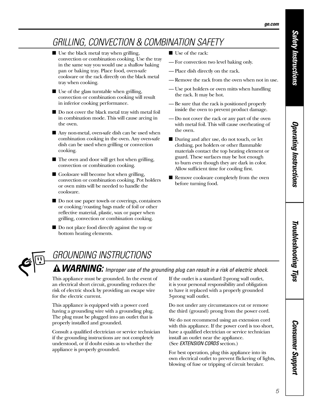 GE jes1290 owner manual GRILLING, Convection & Combination Safety, See Extension Cords section 