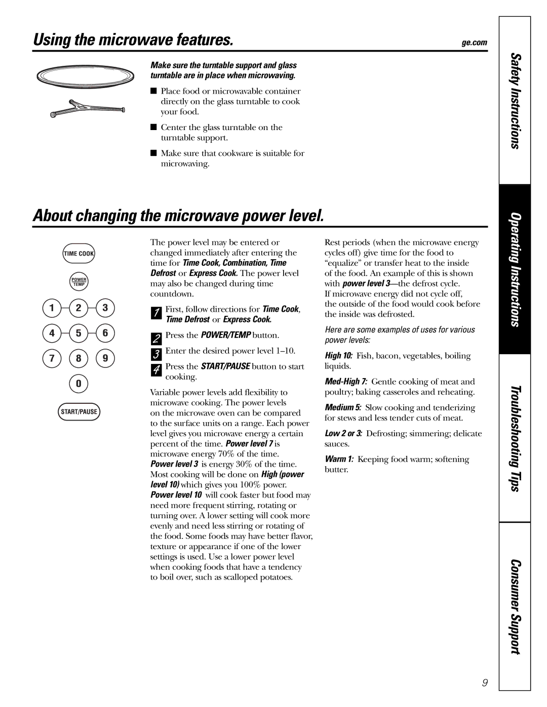 GE jes1290 Using the microwave features, About changing the microwave power level, Time Defrost or Express Cook 