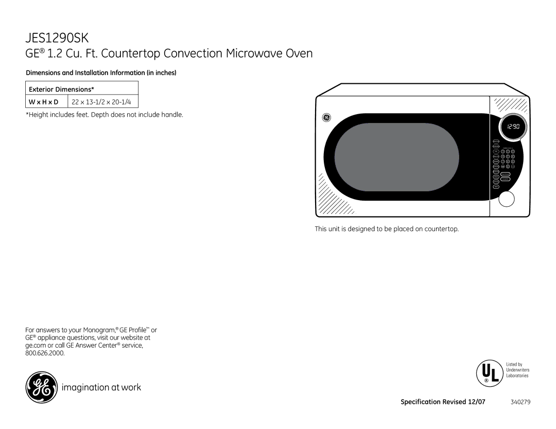 GE JES1290SK dimensions GE 1.2 Cu. Ft. Countertop Convection Microwave Oven 