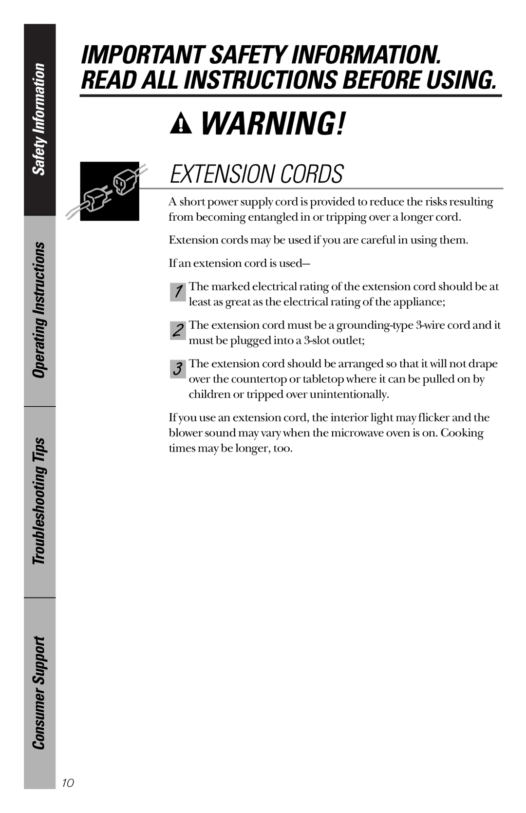 GE JES1334, JES939 owner manual Extension Cords 