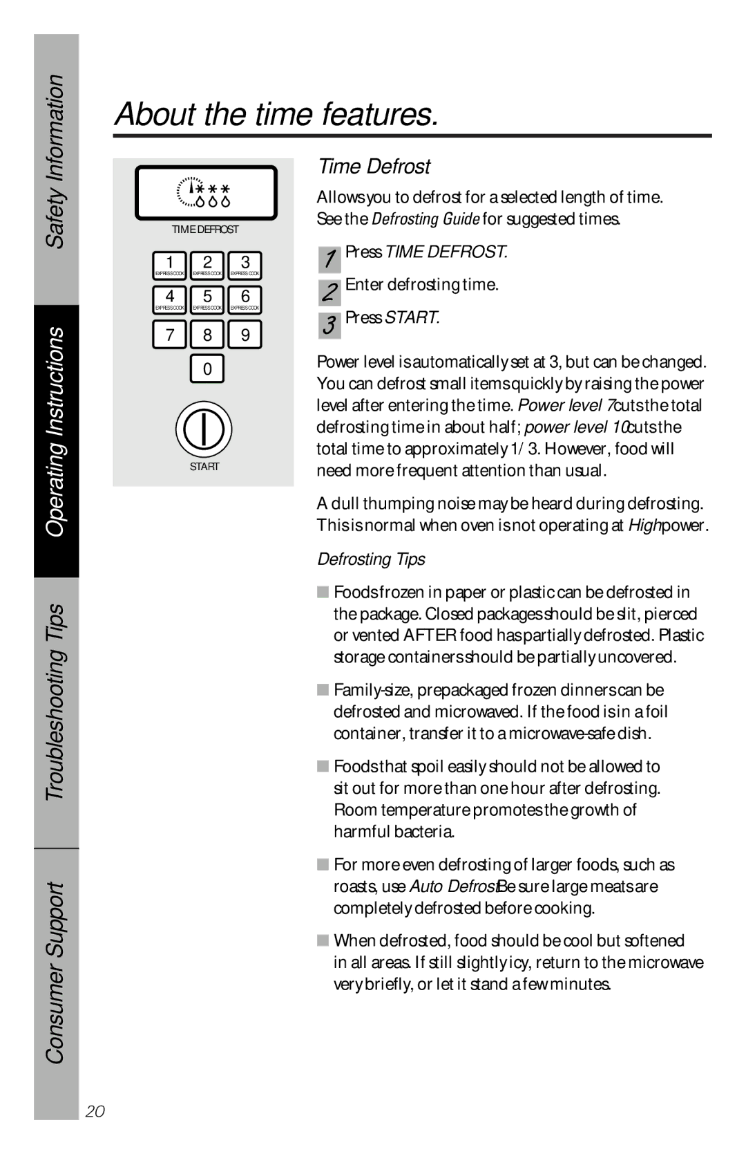 GE JES1334, JES939 owner manual Press Time Defrost, Defrosting Tips 