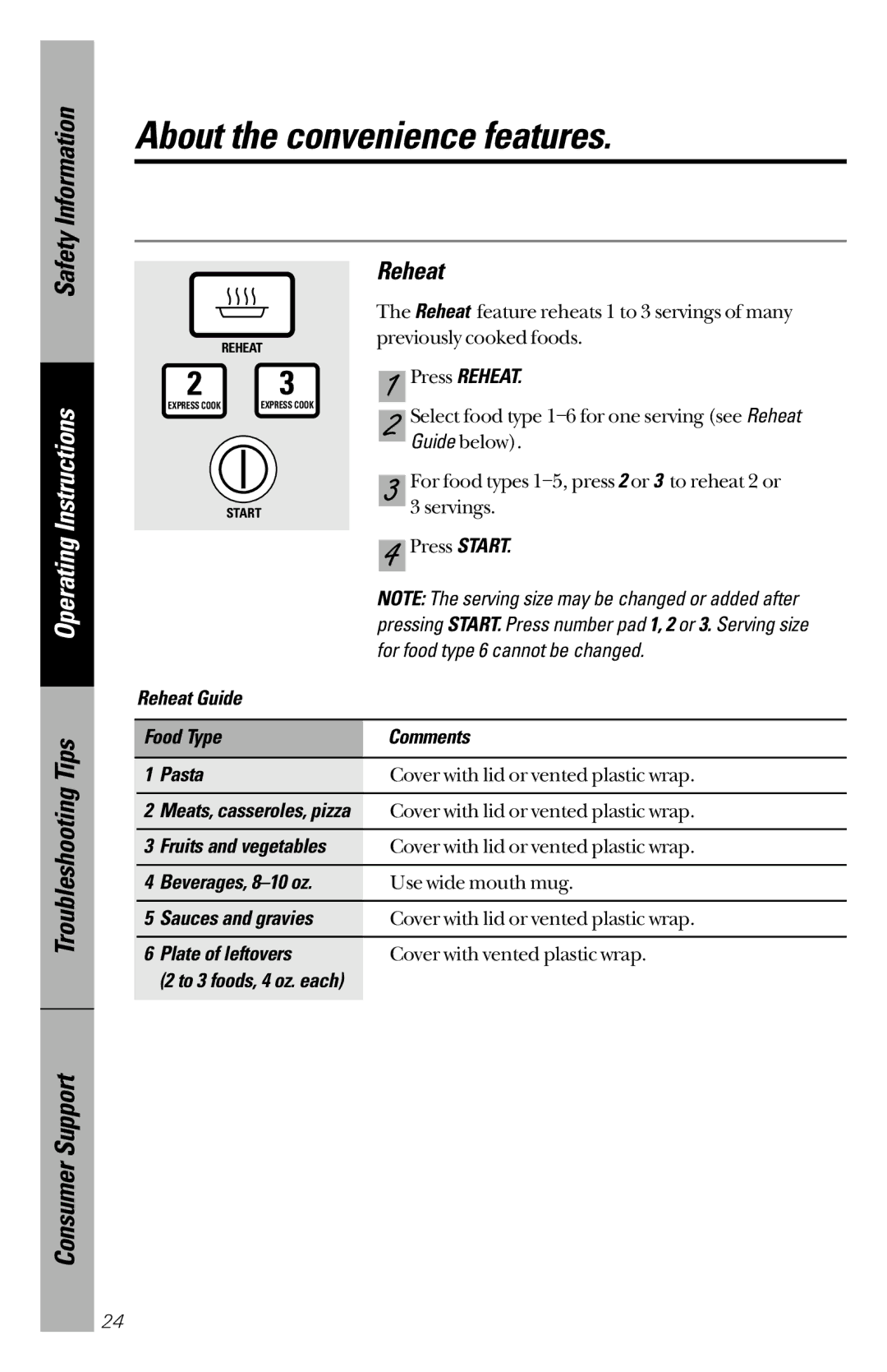 GE JES1334, JES939 owner manual About the convenience features, Reheat 