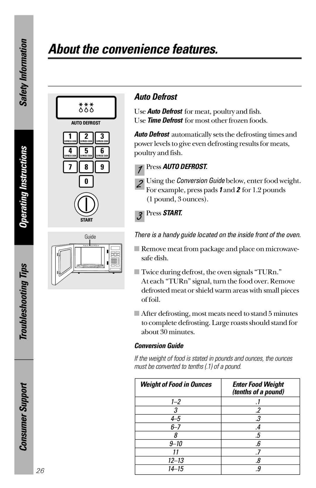 GE JES1334, JES939 owner manual Press Auto Defrost, Conversion Guide, Enter Food Weight 