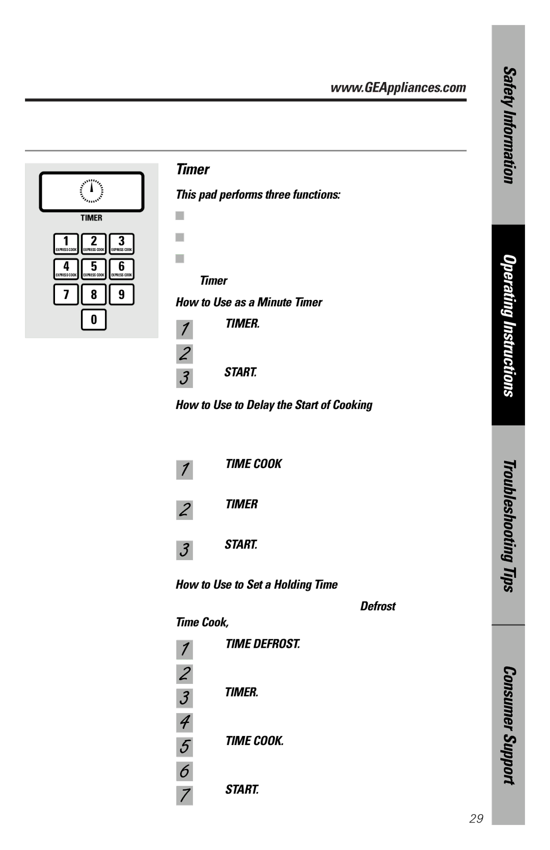 GE JES939 This pad performs three functions, How to Use as a Minute Timer, How to Use to Delay the Start of Cooking 