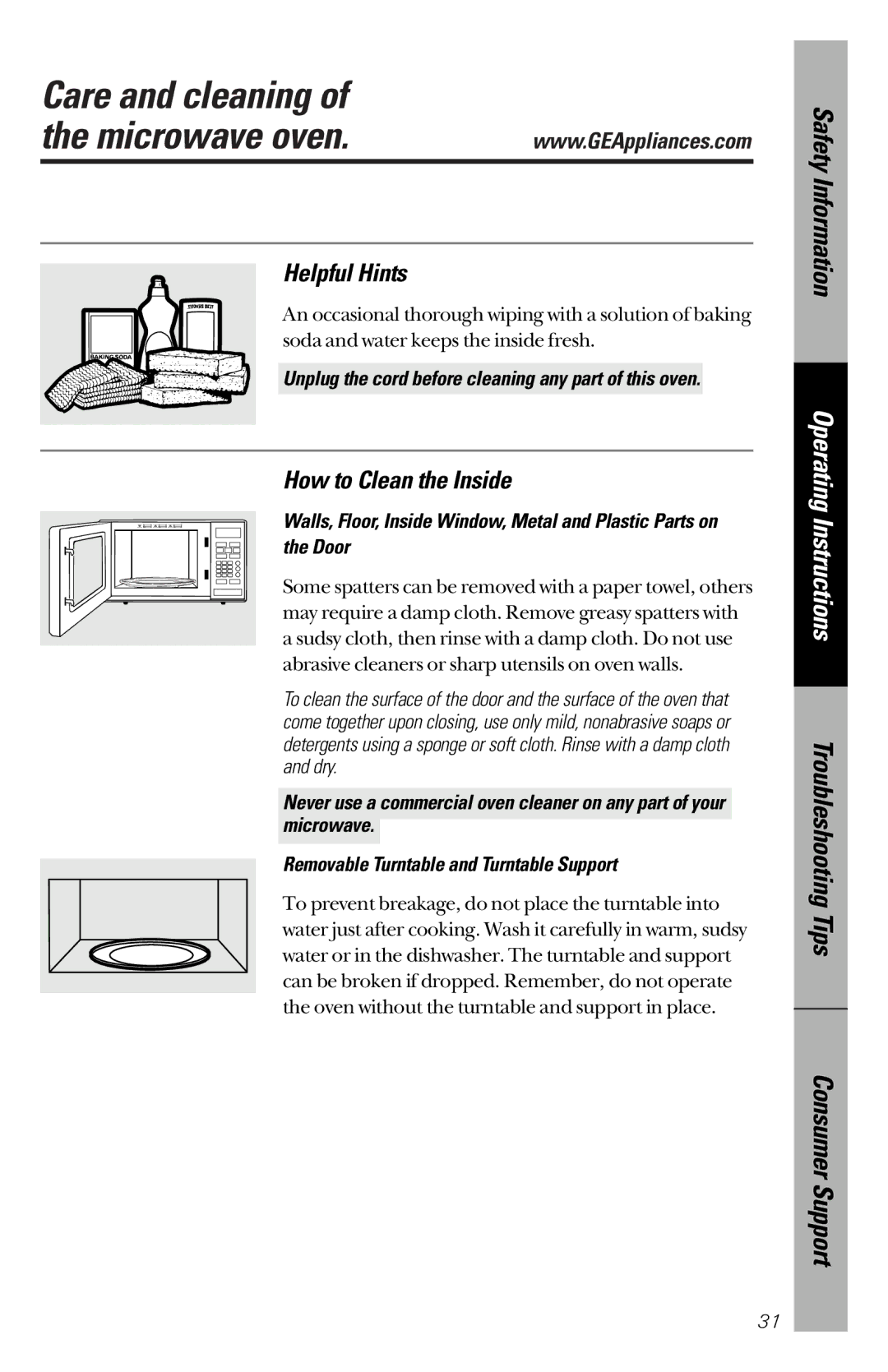 GE JES939, JES1334 owner manual Care and cleaning Microwave oven, Helpful Hints, How to Clean the Inside 