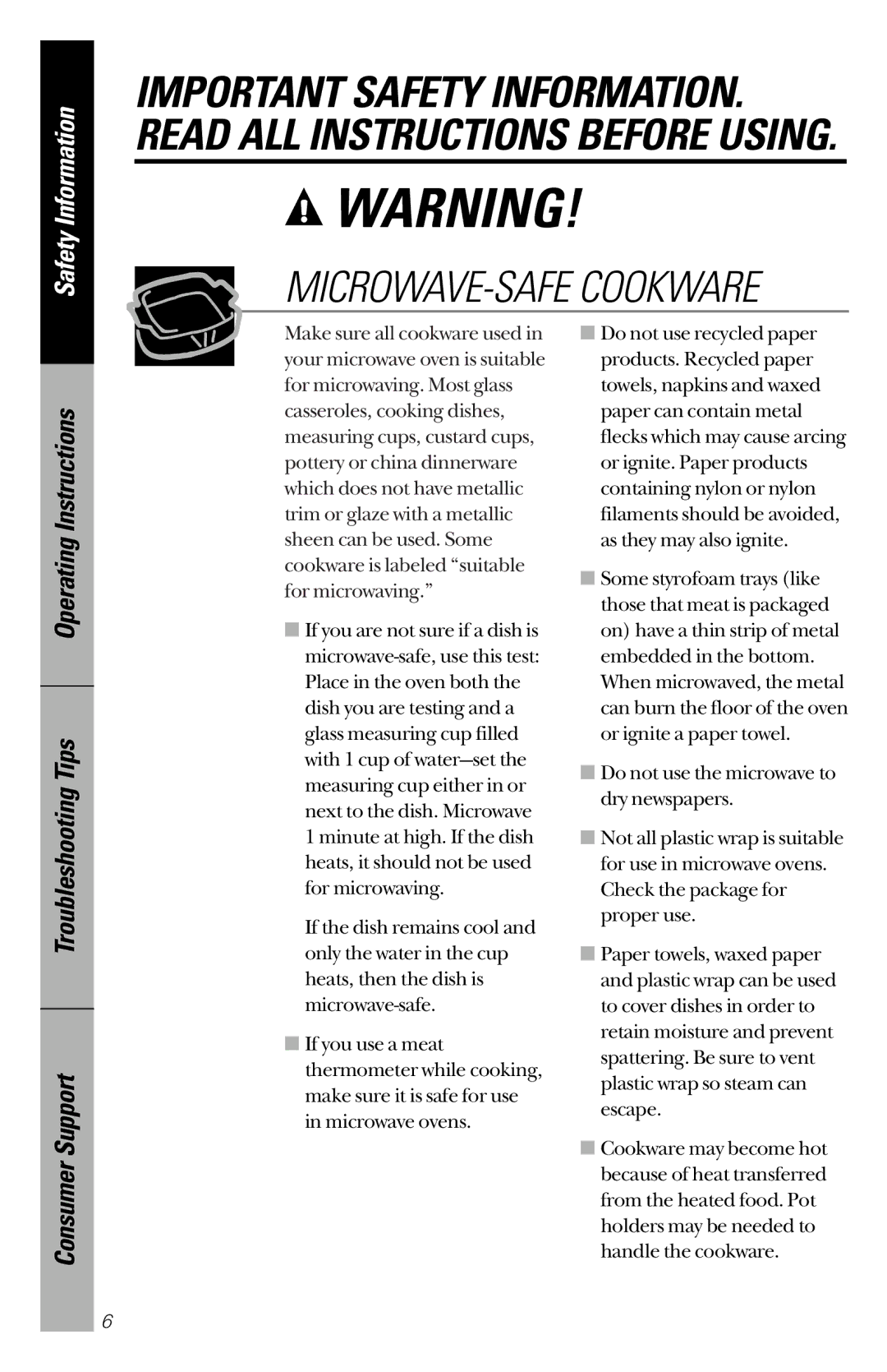 GE JES1334, JES939 owner manual MICROWAVE-SAFE Cookware 