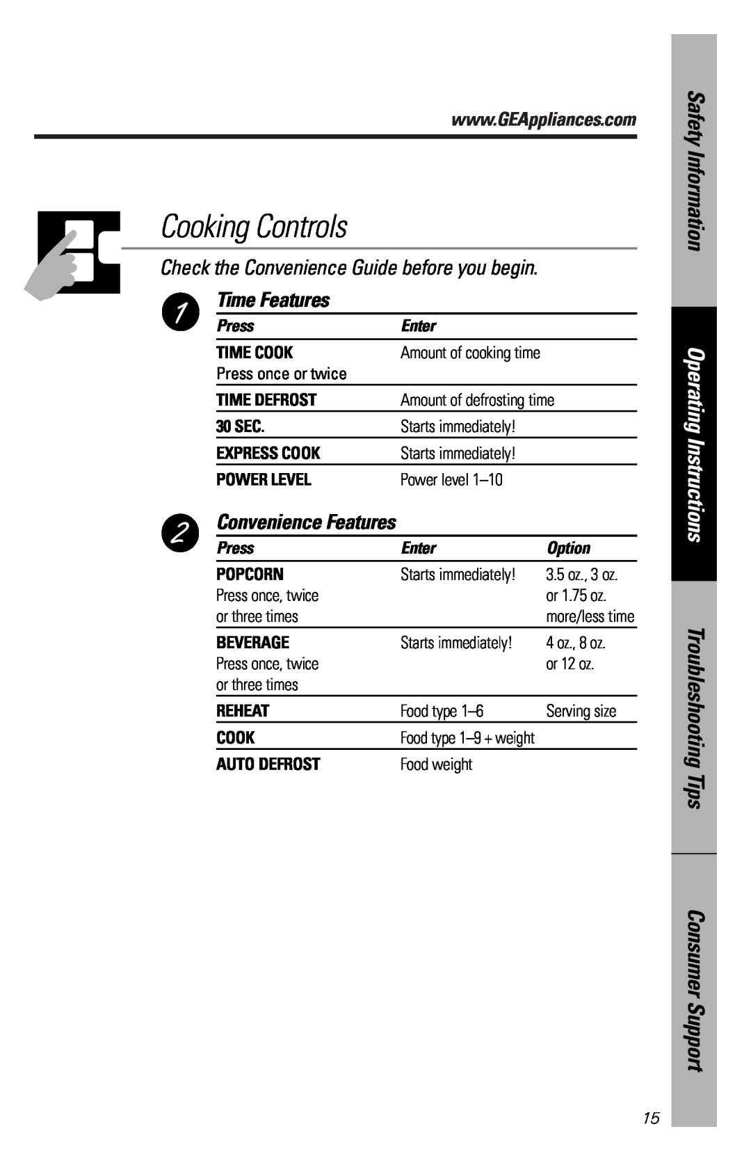 GE JES939 Cooking Controls, Check the Convenience Guide before you begin, Time Features, Convenience Features, Press 