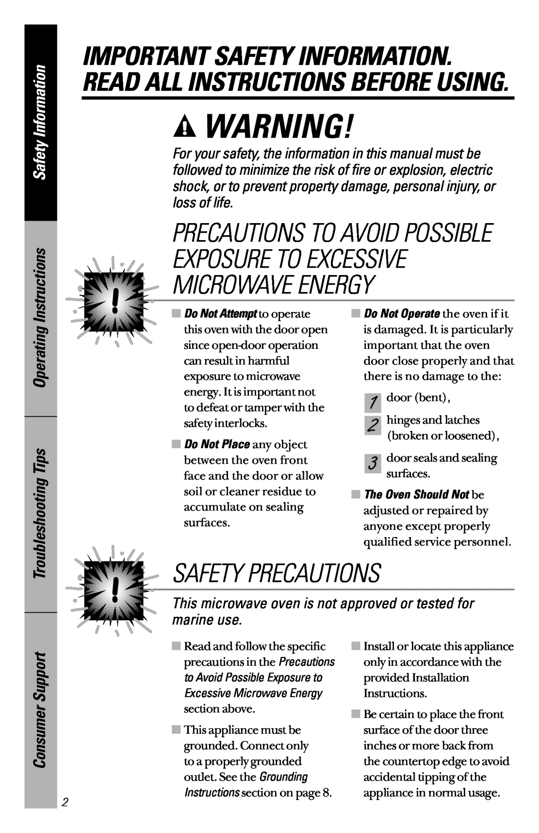 GE JES1334 Exposure To Excessive Microwave Energy, Safety Precautions, Safety Information, Instructions, Consumer Support 