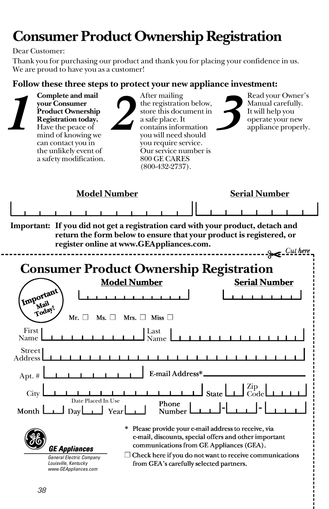 GE JES1334 Consumer Product Ownership Registration, Follow these three steps to protect your new appliance investment 