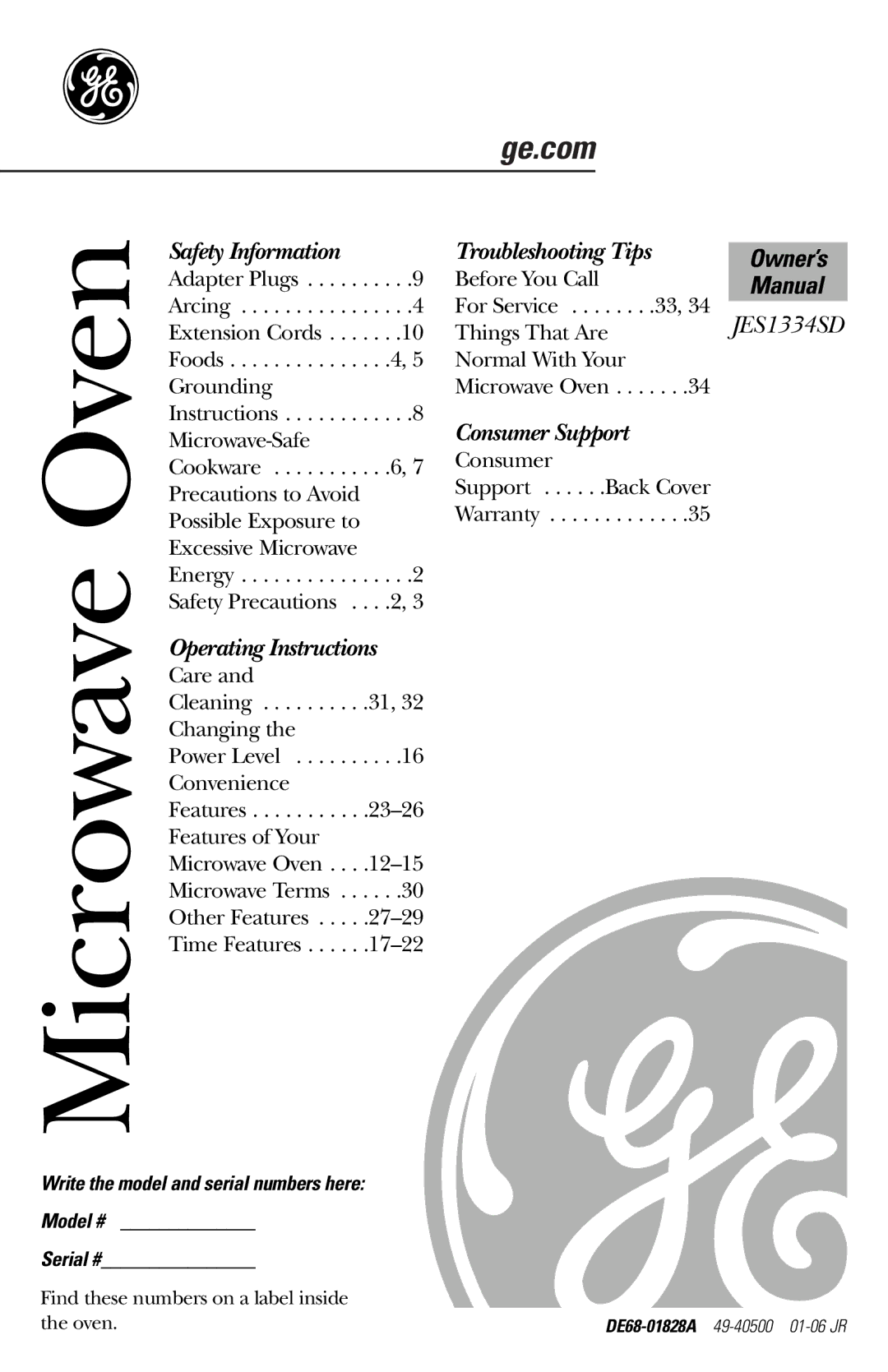 GE JES1334SD owner manual Write the model and serial numbers here Model # Serial #, Manual 