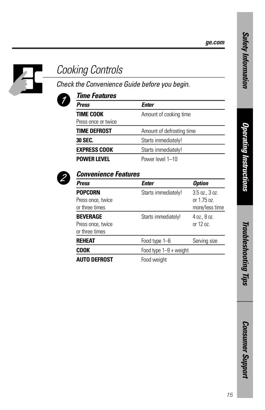 GE JES1334SD owner manual Time Features, Convenience Features 