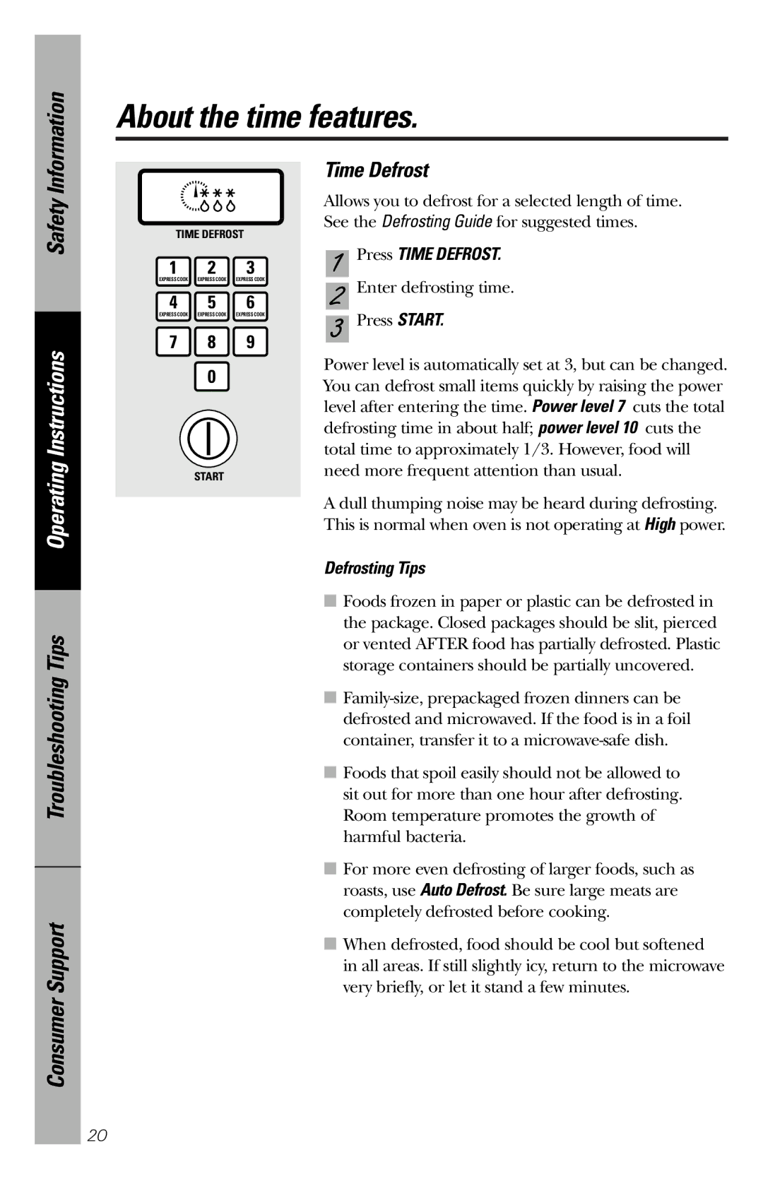 GE JES1334SD owner manual Press Time Defrost, Defrosting Tips 