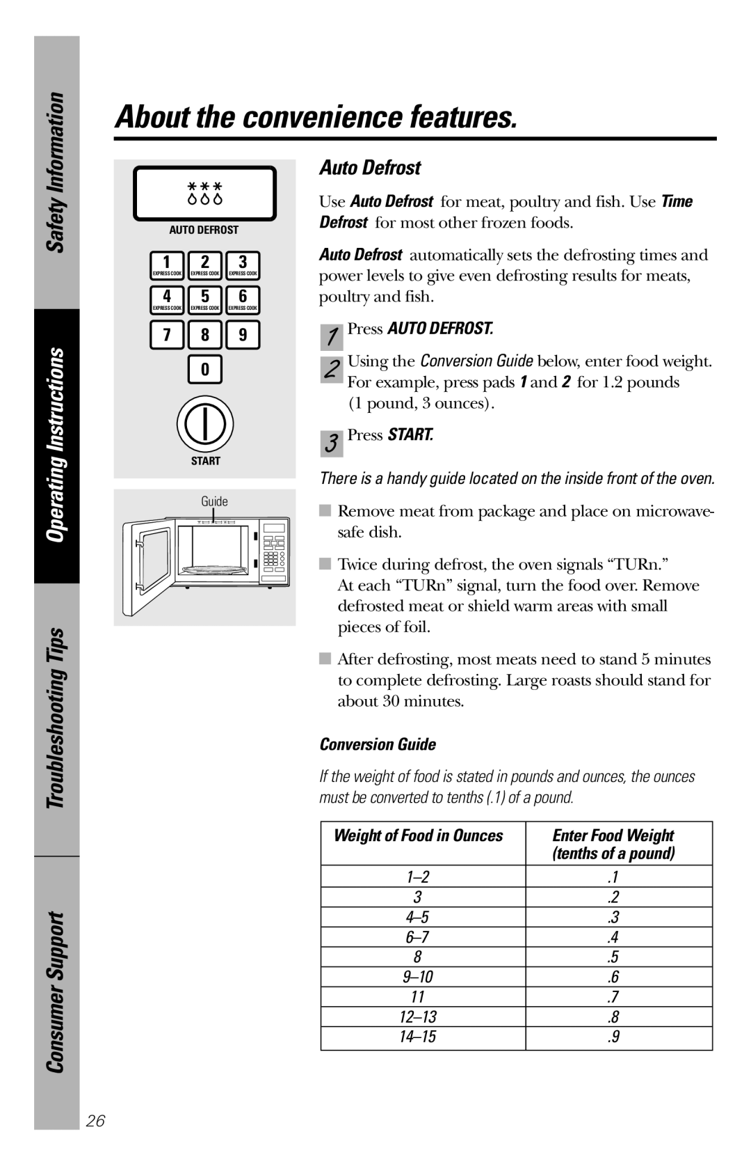 GE JES1334SD owner manual Press Auto Defrost, Conversion Guide, Enter Food Weight 